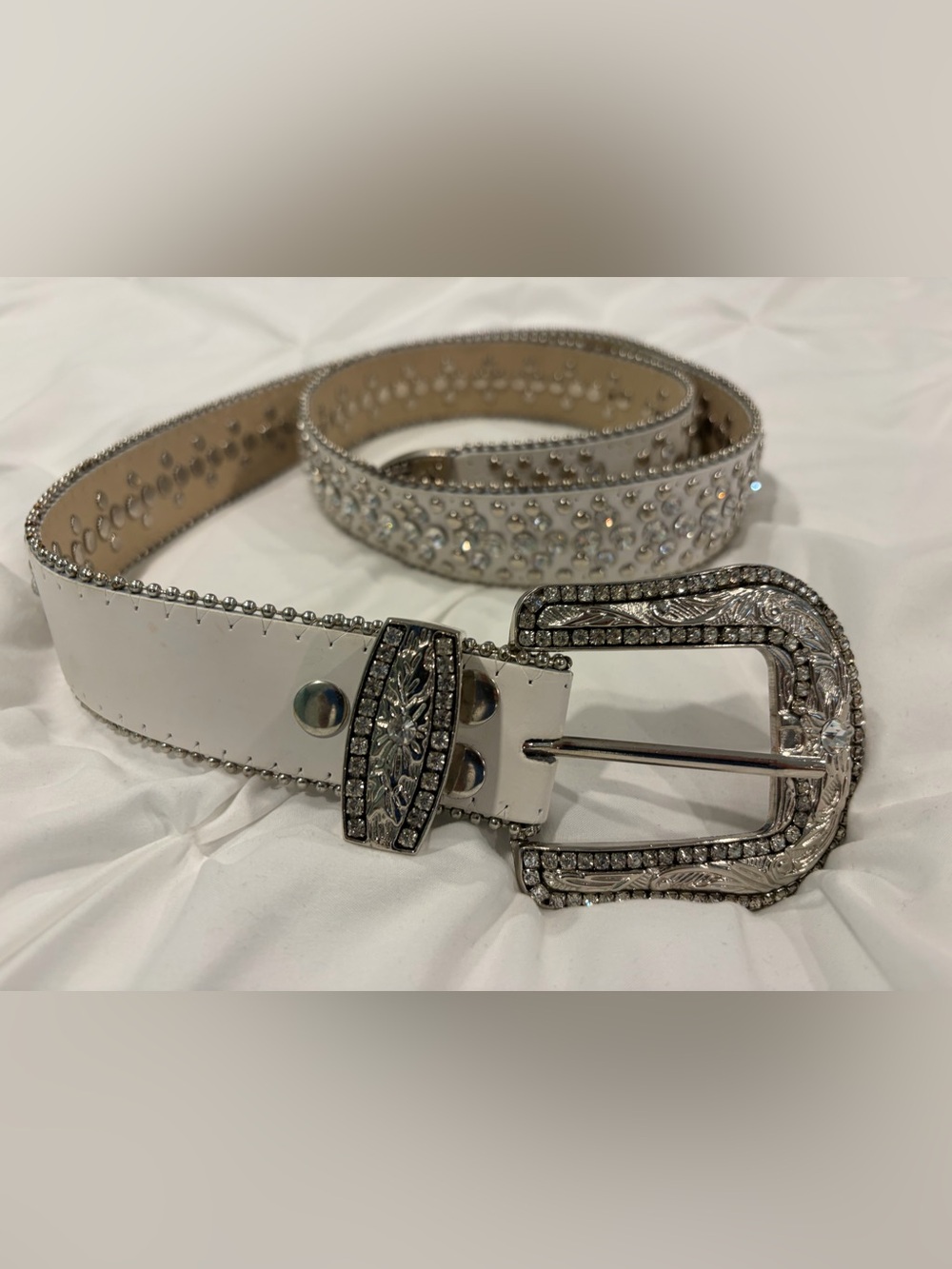 Women’s Plus Size Western Rhinestone Belt – White Genuine Leather – XL 40-42